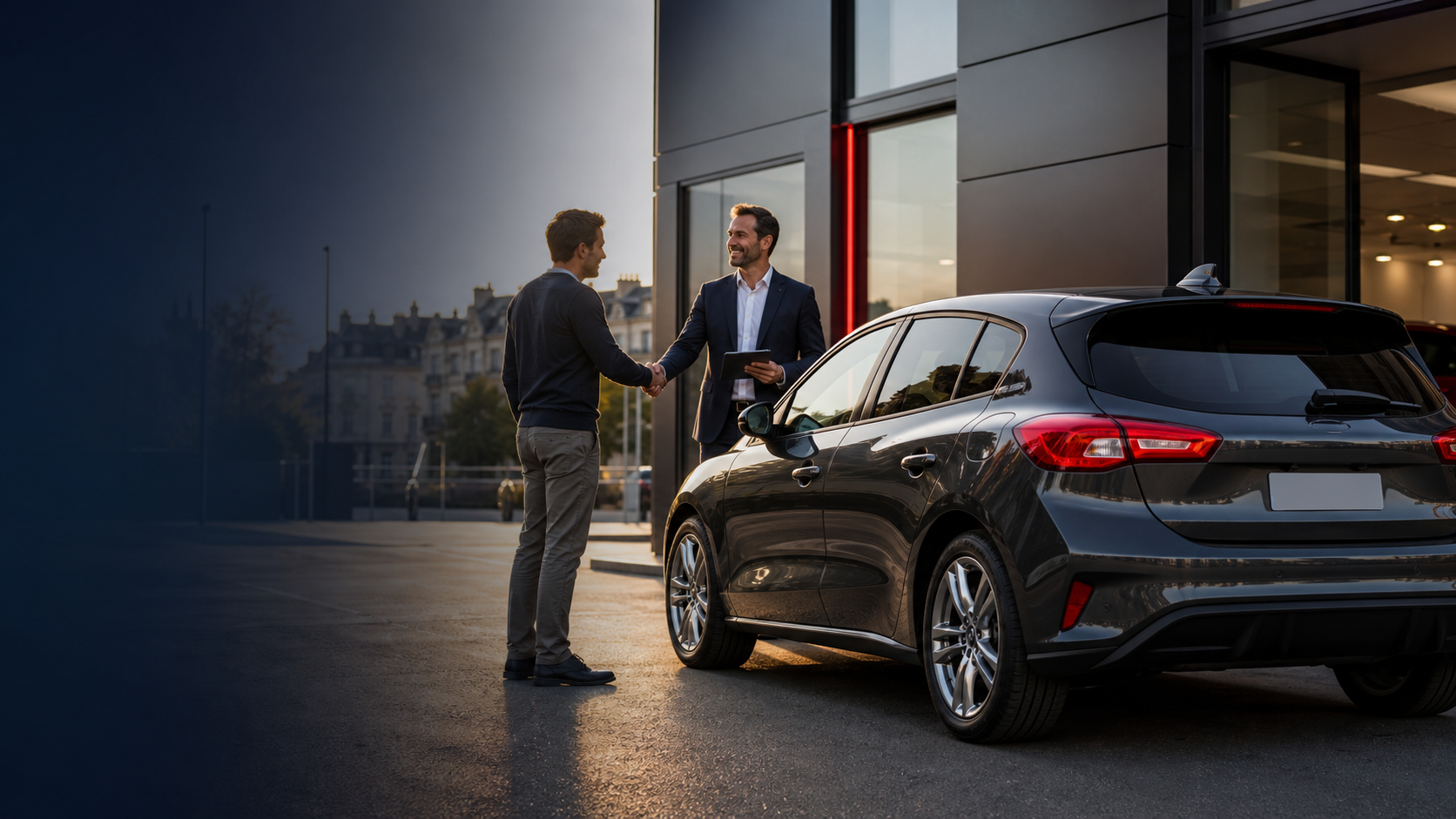 Un particulier rencontre un professionnel automobile devant un véhicule.